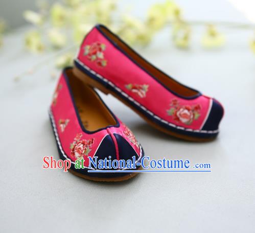 Traditional Korean National Wedding Shoes Red Embroidered Shoes, Asian Korean Hanbok Embroidery Flat Shoes for Kids