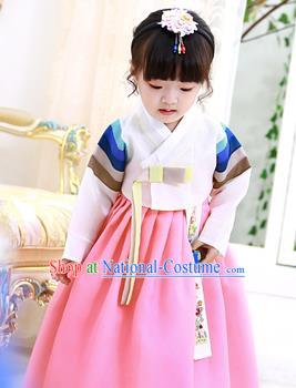 Korean National Handmade Formal Occasions Girls Clothing Palace Hanbok Costume Embroidered White Blouse and Pink Dress for Kids