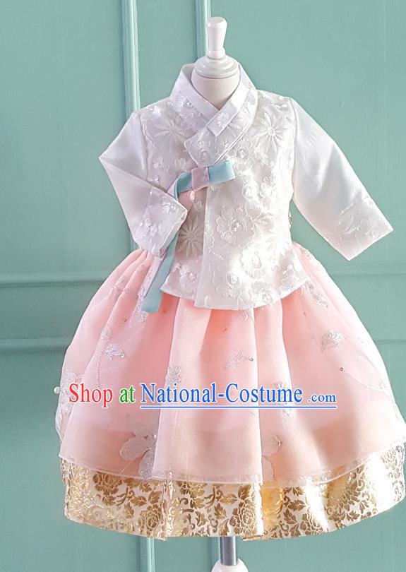 Korean National Handmade Formal Occasions Girls Clothing Palace Hanbok Costume Embroidered White Blouse and Pink Dress for Kids