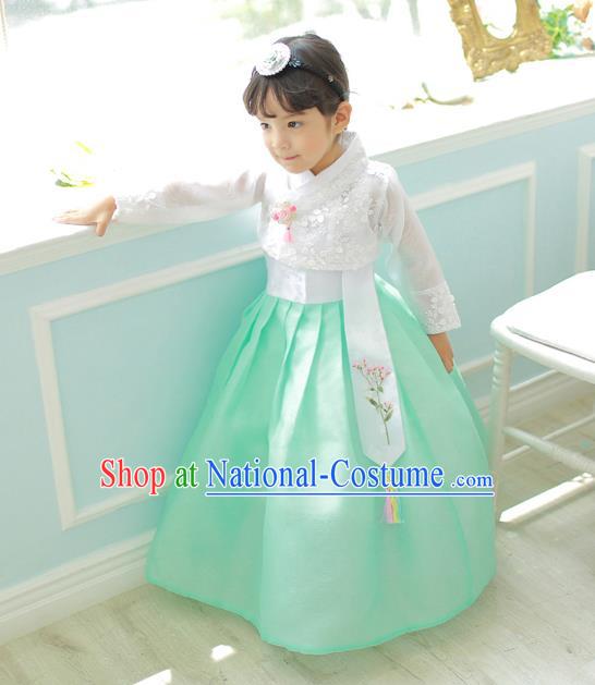 Korean National Handmade Formal Occasions Girls Clothing Palace Hanbok Costume Embroidered White Lace Blouse and Green Dress for Kids