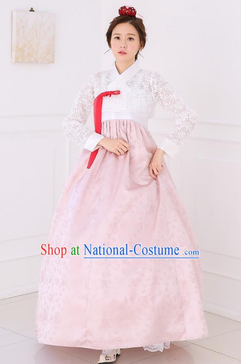 Top Grade Korean National Handmade Wedding Clothing Palace Bride Hanbok Costume Embroidered White Lace Blouse and Pink Dress for Women