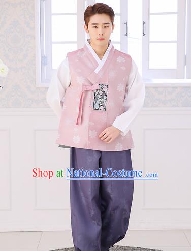 Asian Korean National Traditional Formal Occasions Wedding Bridegroom Embroidery Pink Vest Hanbok Costume Complete Set for Men