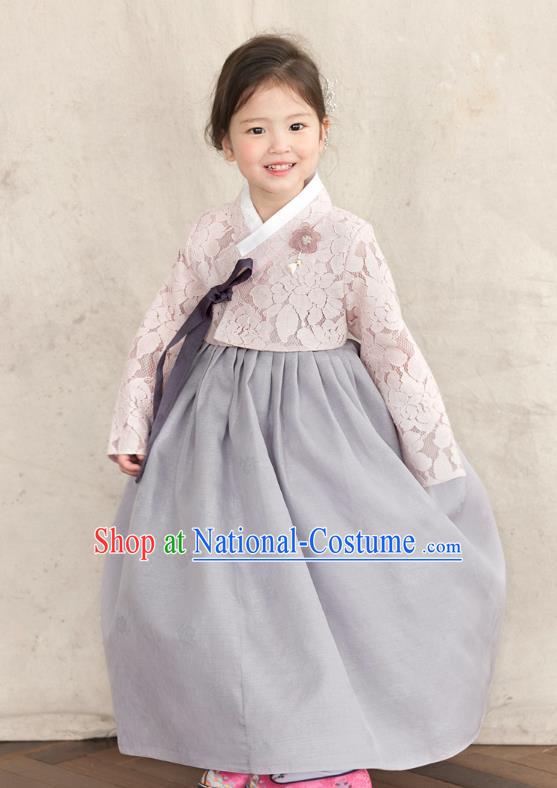 Korean National Handmade Formal Occasions Girls Clothing Palace Hanbok Costume Embroidered Pink Blouse and Grey Dress for Kids