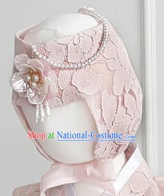 Korean National Bride Hair Accessories Pink Lace Hats, Asian Korean Hanbok Palace Headwear for Kids