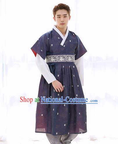 Asian Korean National Traditional Formal Occasions Wedding Bridegroom Embroidery Navy Vest Hanbok Costume Complete Set for Men