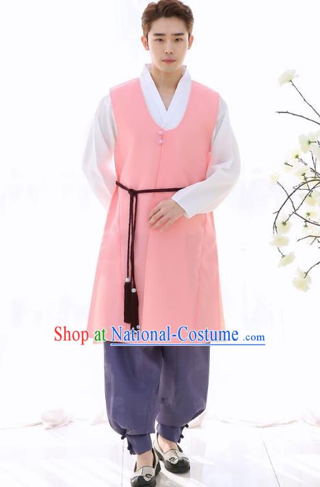 Asian Korean National Traditional Formal Occasions Wedding Bridegroom Embroidery Pink Long Vest Hanbok Costume Complete Set for Men