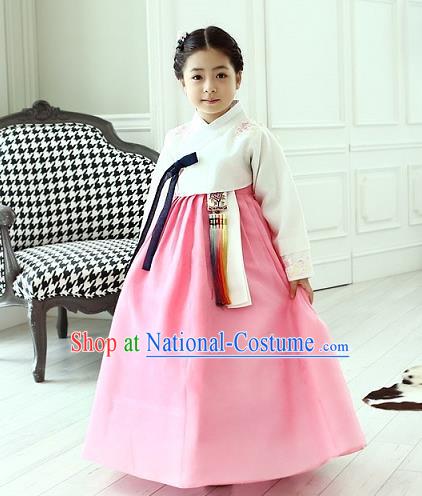 Korean National Handmade Formal Occasions Girls Clothing Palace Hanbok Costume Embroidered White Blouse and Pink Dress for Kids