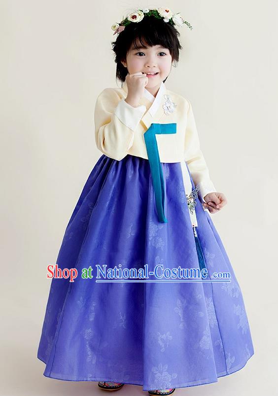 Korean National Handmade Formal Occasions Girls Clothing Palace Hanbok Costume Embroidered Yellow Blouse and Blue Dress for Kids