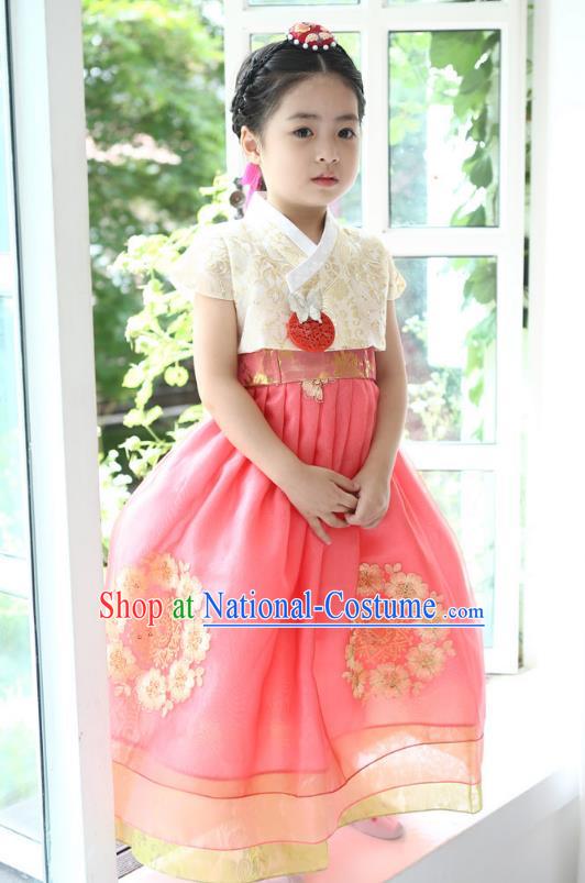 Korean National Handmade Formal Occasions Girls Clothing Palace Hanbok Costume Embroidered Yellow Blouse and Red Dress for Kids