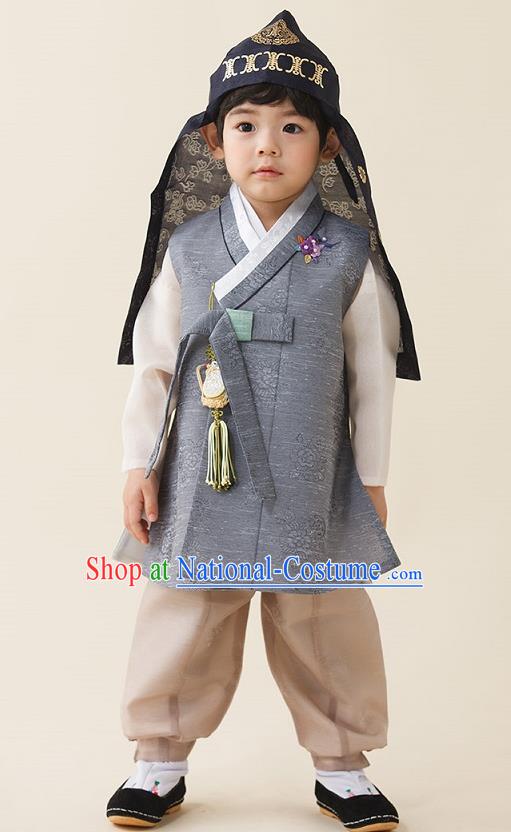 Asian Korean National Traditional Handmade Formal Occasions Boys Embroidery Light Grey Vest Hanbok Costume Complete Set for Kids