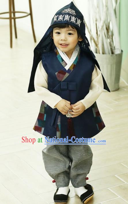 Asian Korean National Traditional Handmade Formal Occasions Boys Embroidery Navy Vest Hanbok Costume Complete Set for Kids