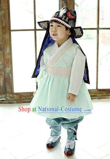 Asian Korean National Traditional Handmade Formal Occasions Boys Embroidery Green Vest Hanbok Costume Complete Set for Kids