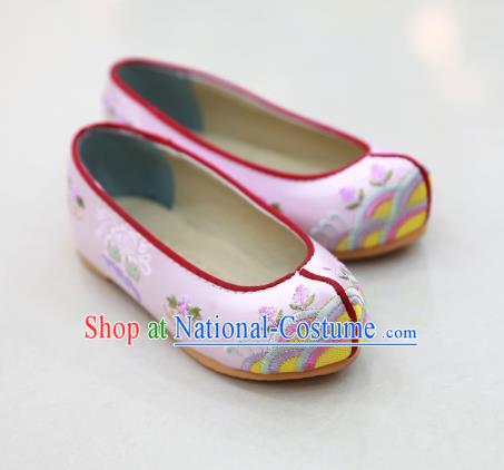 Traditional Korean National Wedding Shoes Pink Embroidered Shoes, Asian Korean Hanbok Embroidery Flat Shoes for Kids