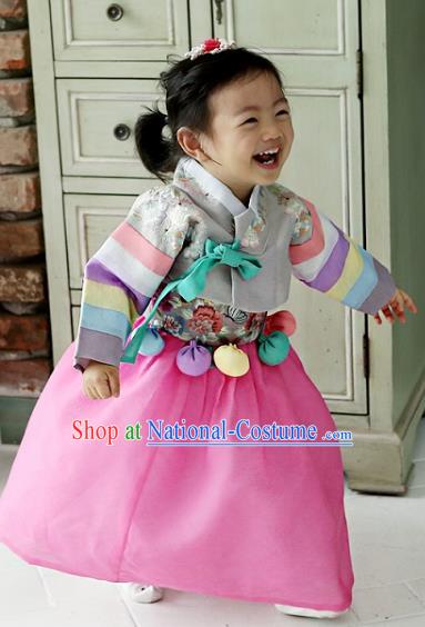 Korean National Handmade Formal Occasions Girls Clothing Palace Hanbok Costume Embroidered Grey Lace Blouse and Pink Dress for Kids