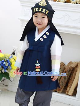 Asian Korean National Traditional Handmade Formal Occasions Boys Embroidery Navy Vest Hanbok Costume Complete Set for Kids