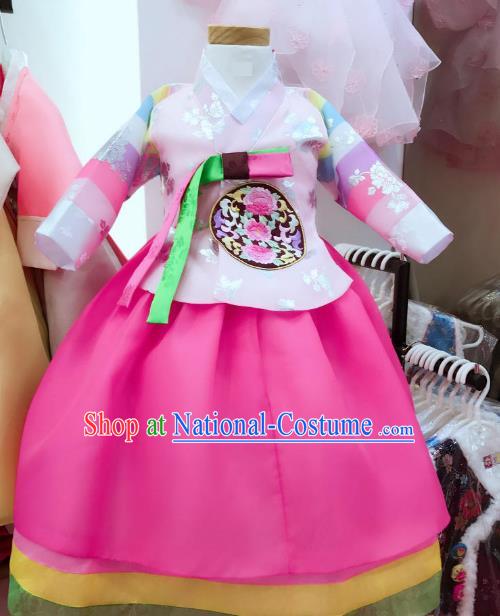 Korean National Handmade Formal Occasions Girls Clothing Palace Hanbok Costume Embroidered Pink Blouse and Rosy Dress for Kids