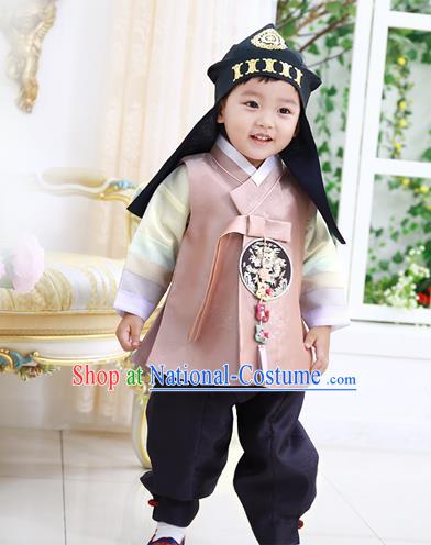 Asian Korean National Traditional Handmade Formal Occasions Boys Embroidery Pink Vest Hanbok Costume Complete Set for Kids