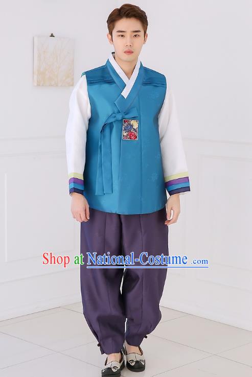 Asian Korean National Traditional Formal Occasions Wedding Bridegroom Embroidery Blue Vest Hanbok Costume Complete Set for Men