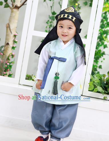 Asian Korean National Traditional Handmade Formal Occasions Boys Embroidery Blue Vest Hanbok Costume Complete Set for Kids