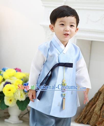 Asian Korean National Traditional Handmade Formal Occasions Boys Embroidery Blue Vest Hanbok Costume Complete Set for Kids