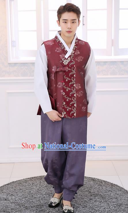 Asian Korean National Traditional Formal Occasions Wedding Bridegroom Embroidery Wine Red Vest Hanbok Costume Complete Set for Men