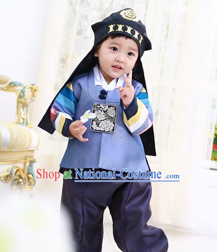 Asian Korean National Traditional Handmade Formal Occasions Boys Embroidery Blue Vest Hanbok Costume Complete Set for Kids