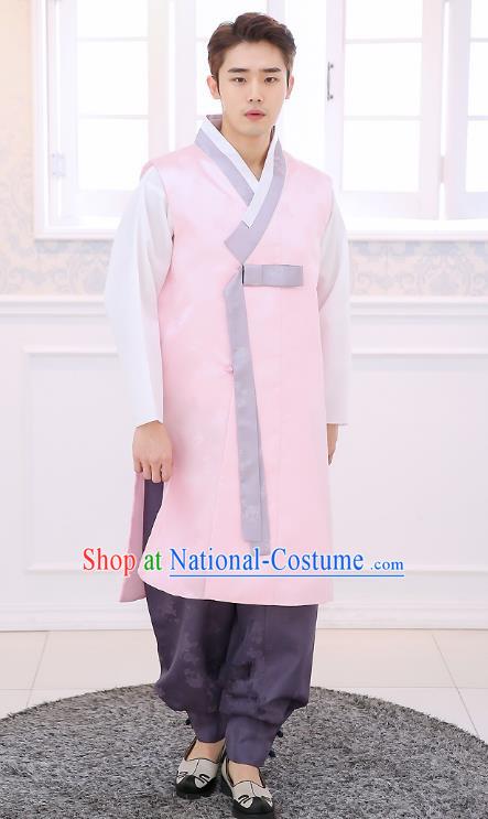 Asian Korean National Traditional Formal Occasions Wedding Bridegroom Embroidery Pink Long Vest Palace Hanbok Costume Complete Set for Men