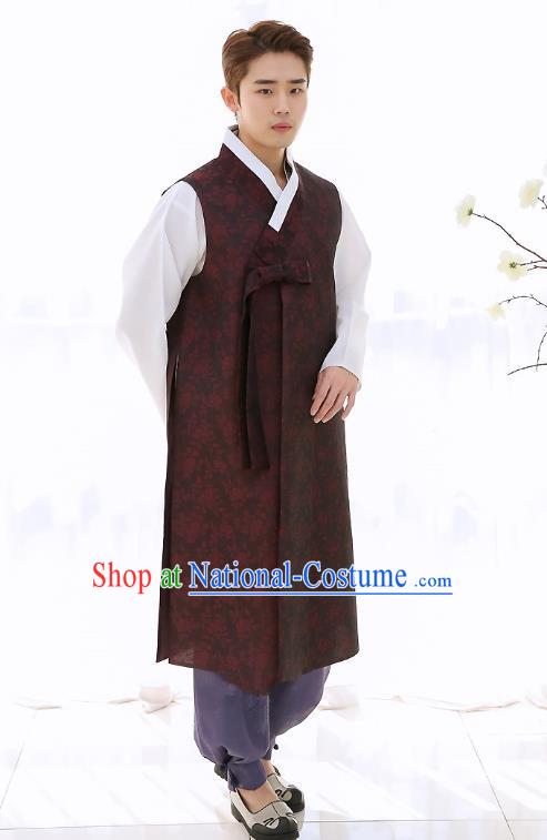 Asian Korean National Traditional Formal Occasions Wedding Bridegroom Embroidery Dark Red Long Vest Palace Hanbok Costume Complete Set for Men