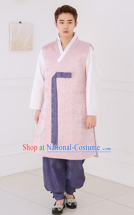 Asian Korean National Traditional Formal Occasions Wedding Bridegroom Embroidery Pink Long Vest Palace Hanbok Costume Complete Set for Men