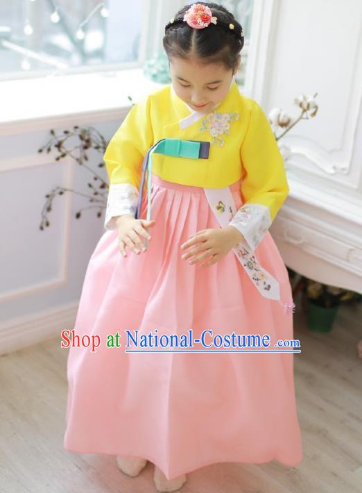 Korean National Handmade Formal Occasions Girls Clothing Palace Hanbok Costume Embroidered Yellow Blouse and Pink Dress for Kids