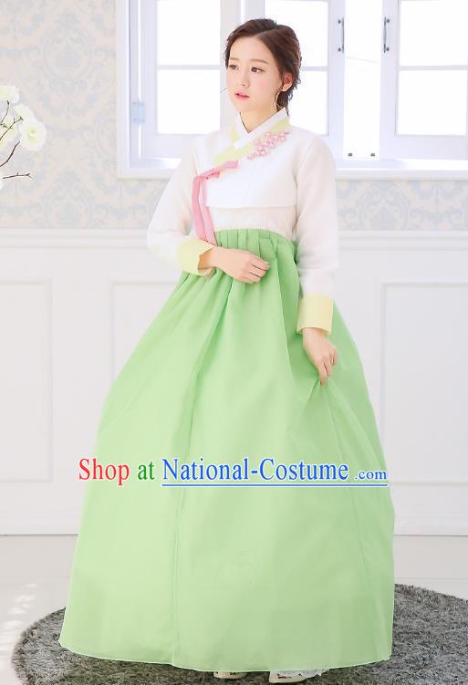 Top Grade Korean National Handmade Wedding Clothing Palace Bride Hanbok Costume Embroidered White Blouse and Green Dress for Women