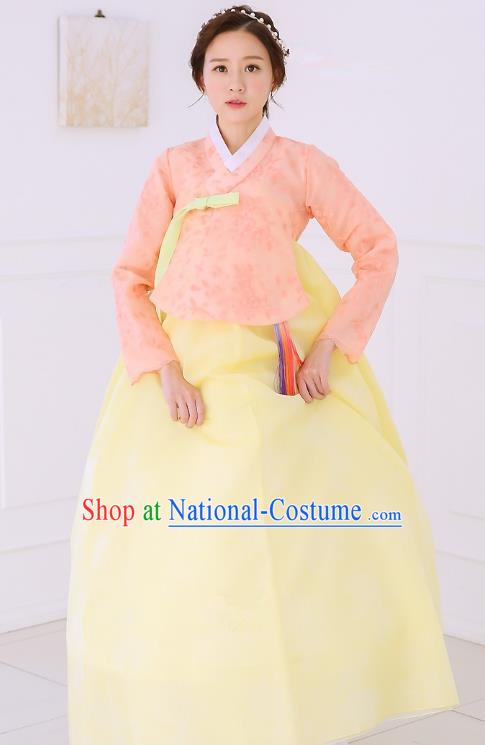 Top Grade Korean National Handmade Wedding Clothing Palace Bride Hanbok Costume Embroidered Orange Blouse and Yellow Dress for Women