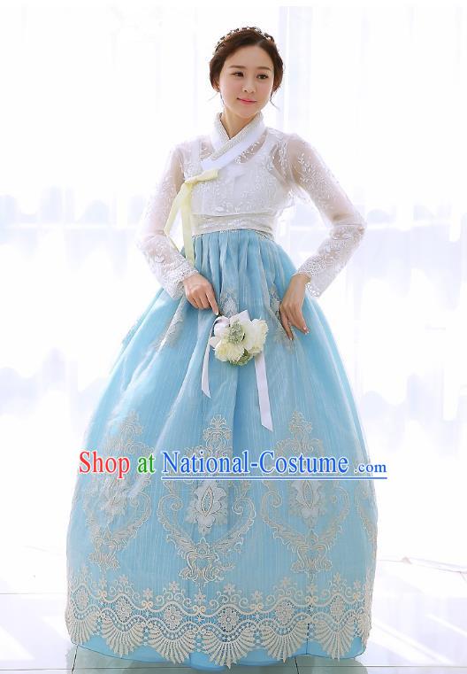 Top Grade Korean National Handmade Wedding Clothing Palace Bride Hanbok Costume Embroidered White Lace Blouse and Blue Dress for Women