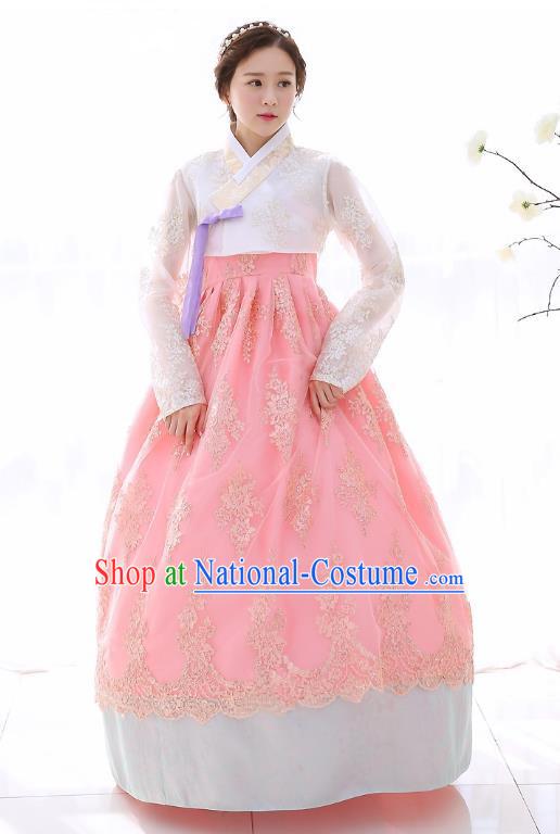 Top Grade Korean National Handmade Wedding Clothing Palace Bride Hanbok Costume Embroidered White Lace Blouse and Pink Dress for Women