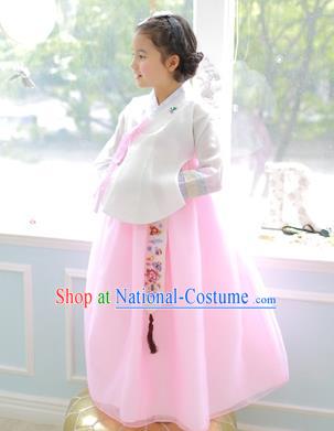 Korean National Handmade Formal Occasions Girls Clothing Palace Hanbok Costume Embroidered White Blouse and Pink Dress for Kids