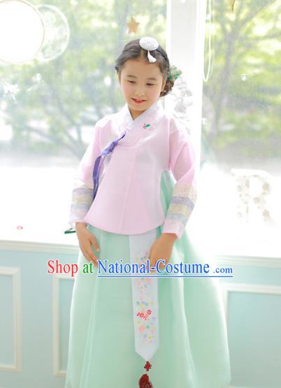 Korean National Handmade Formal Occasions Girls Clothing Palace Hanbok Costume Embroidered Pink Blouse and Green Dress for Kids