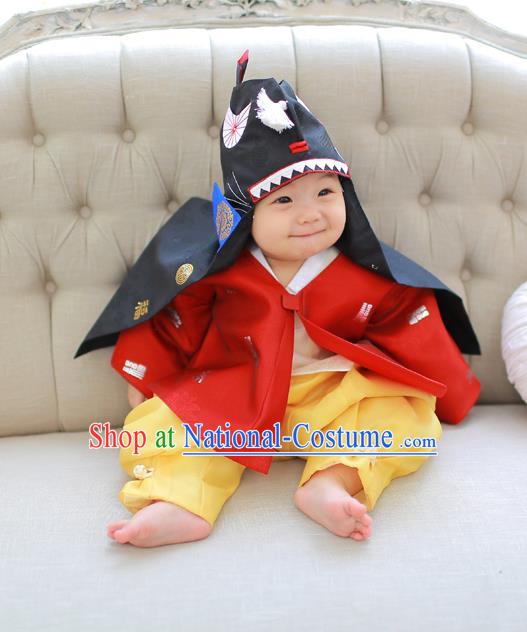 Asian Korean National Traditional Handmade Formal Occasions Boys Embroidery Red Vest Hanbok Costume Complete Set for Kids