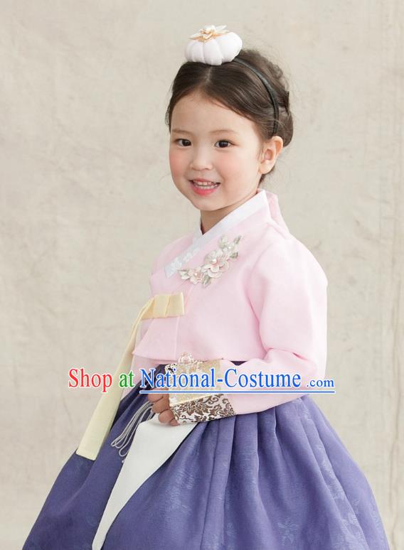 Korean National Handmade Formal Occasions Girls Clothing Palace Hanbok Costume Embroidered Pink Blouse and Purple Dress for Kids