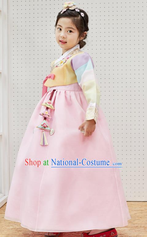 Korean National Handmade Formal Occasions Girls Clothing Palace Hanbok Costume Embroidered Yellow Blouse and Pink Dress for Kids