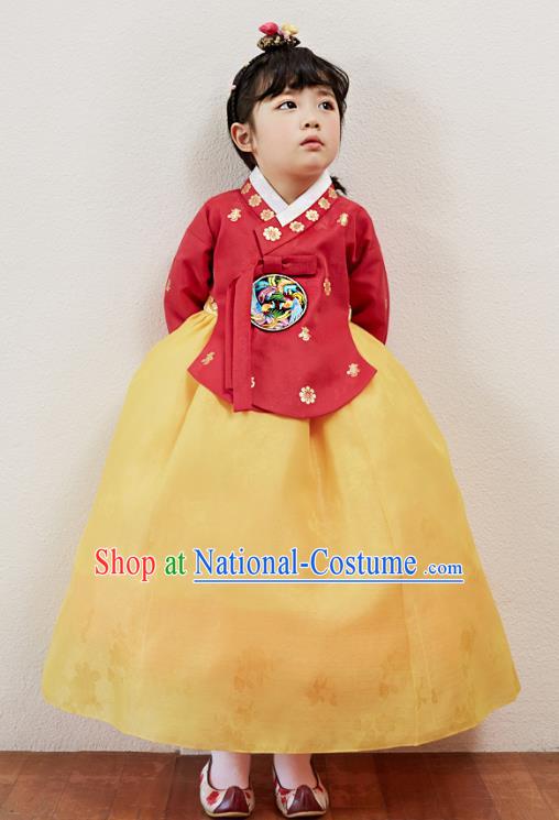 Korean National Handmade Formal Occasions Girls Clothing Palace Hanbok Costume Embroidered Red Blouse and Yellow Dress for Kids