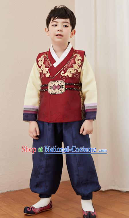 Asian Korean National Traditional Handmade Formal Occasions Boys Embroidery Wine Red Vest Hanbok Costume Complete Set for Kids