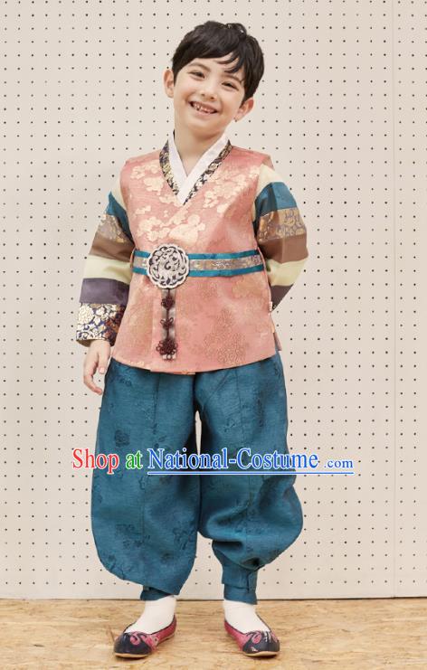 Asian Korean National Traditional Handmade Formal Occasions Boys Embroidery Orange Vest Hanbok Costume Complete Set for Kids