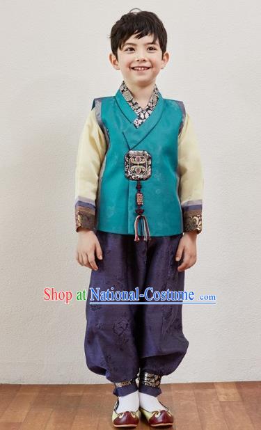 Asian Korean National Traditional Handmade Formal Occasions Boys Embroidery Peacock Blue Vest Hanbok Costume Complete Set for Kids