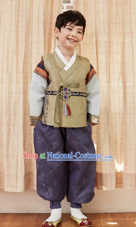 Asian Korean National Traditional Handmade Formal Occasions Boys Embroidery Brown Vest Hanbok Costume Complete Set for Kids