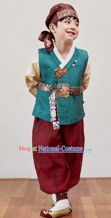 Asian Korean National Traditional Handmade Formal Occasions Boys Embroidery Green Vest Hanbok Costume Complete Set for Kids