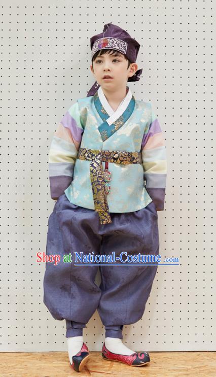 Asian Korean National Traditional Handmade Formal Occasions Boys Embroidery Blue Vest Hanbok Costume Complete Set for Kids