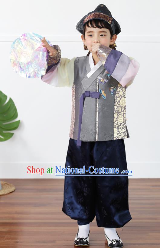 Asian Korean National Traditional Handmade Formal Occasions Boys Embroidery Grey Vest Hanbok Costume Complete Set for Kids