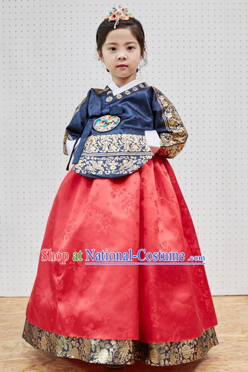 Traditional Korean National Handmade Formal Occasions Girls Clothing Palace Hanbok Costume Embroidered Navy Blouse and Red Dress for Kids