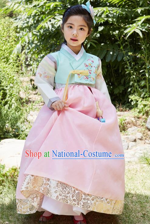 Traditional Korean National Handmade Formal Occasions Girls Clothing Palace Hanbok Costume Embroidered Green Blouse and Pink Dress for Kids