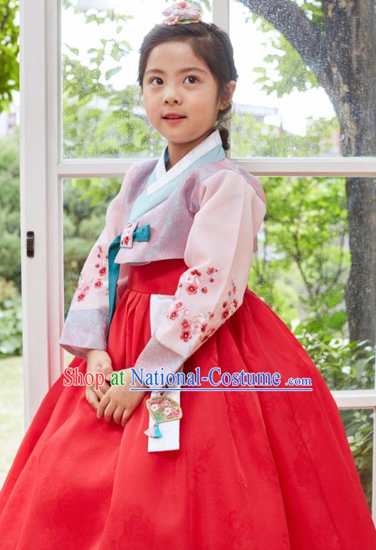 Traditional Korean National Handmade Formal Occasions Girls Clothing Palace Hanbok Costume Embroidered Purple Blouse and Red Dress for Kids